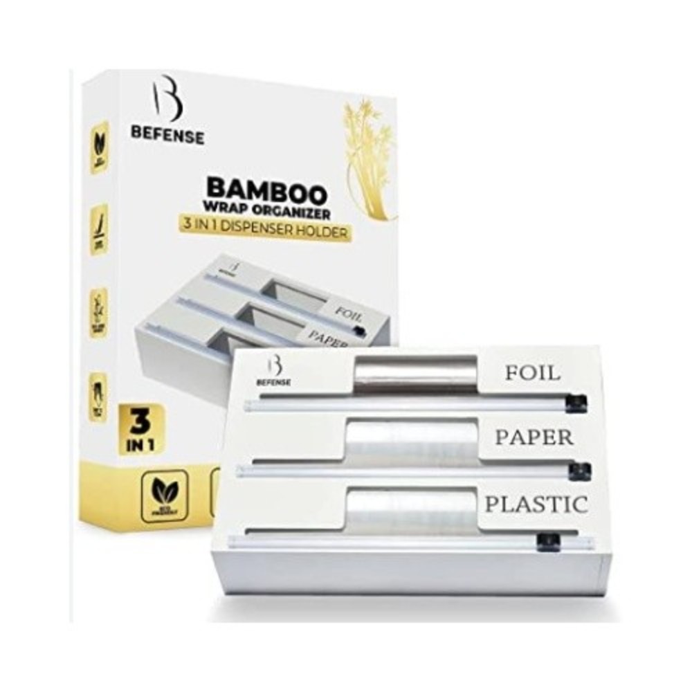Bamboo Wrap Dispenser with Cutter for Plastic, Paper & Foil BeFense Brand 3 in 1